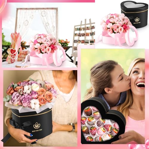 Outus 2 Pcs Heart Shaped Flower Boxes Graduation Gift Box Double Layers Rotating Floral Box with Lid for Gift Flower Arrangement Packaging Graduation Birthday, 9 x 8 x 6.5 Inch(Black, Pink)