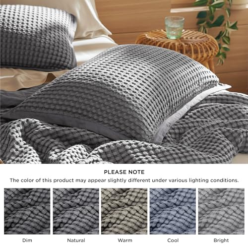 Bedsure Cooling Waffle Duvet Cover Queen - Cotton Blend Rayon Derived from Bamboo Duvet Cover Ser for Hot Sleepers, Breathable Bedding Set with a Vintage Charm, 3 Pieces (Charcoal, Queen, 90"x90")