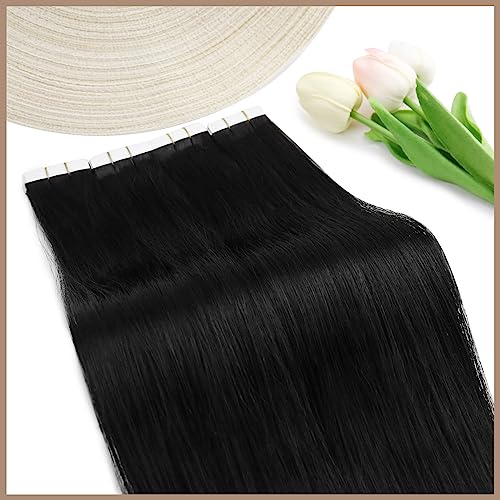 Ve Sunny Tape in Hair Extensions Black Tape in Real Human Hair Extensions #1 Jet Black Tape ins Extensions Human Hair for Girls Black Hair Extensions Silky Straight 20pcs 50g 14inch
