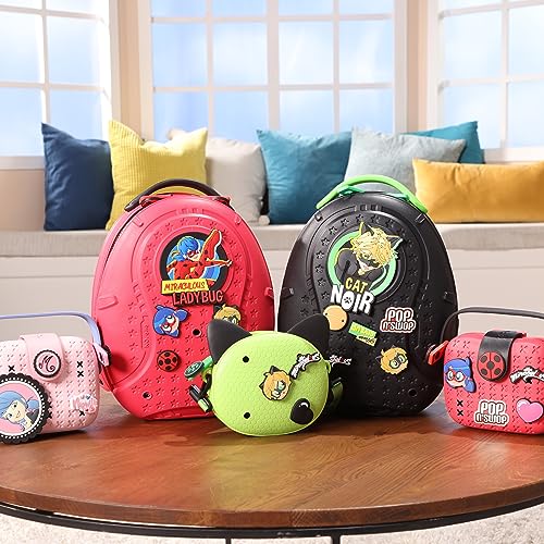 Miraculous Ladybug Pop n' Swop Green Mini Handbag with Adjustable Strap, Customizable Bag 4 Clip-on Badges, Accessory Bag, Lightweight Durable Waterproof Purse - Gift for Girls and Kids (Cat Noir)