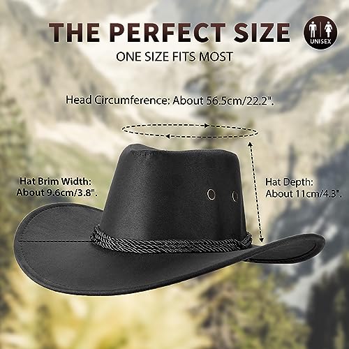 UwantC Mens Faux Felt Western Cowboy Hat Fedora Outdoor Wide Brim Hat with Strap Black