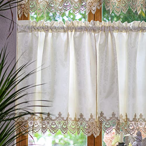 SUTAVIA Classical Lace Kitchen Curtain Set 2 Panels for Window Farmhouse Cafe Curtains Beige Fabric with Champagne Lace Rod Pocket Window Treatment Country for Kitchen Bedroom Living Room Bathroom