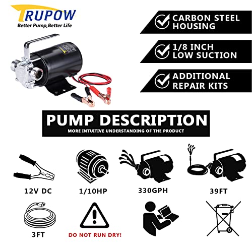 Trupow DC 12-Volt 1/10HP 330GPH Battery Powered Mini Portable Electric Utility Sump Transfer Water Pump with Water Hose Kit Black…