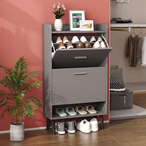HOMEFORT Shoe Cabinet for Entryway, Shoe Storage Cabinet with 2 Flip Drawers, 30" Narrow Shoe Organizer Cabinet for Front Door Entrance, Modern Slim Hidden Shoe Rack Cabinet in Balck