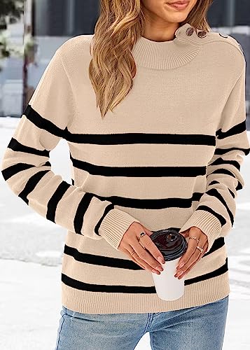KIRUNDO Women's 2024 Fall Winter Long Sleeve Knit Sweater Turtleneck Striped Loose Pullover Tops Deco with Metal Buttons(Medium, Gray)