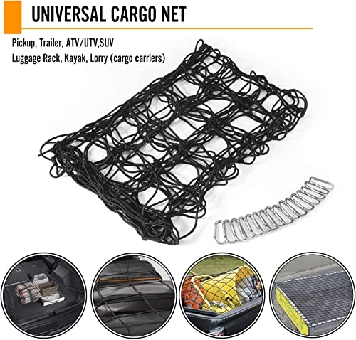 Seven Sparta 5’ x 7’ Bungee Cargo Net Stretches to 10' x 14' for Truck Bed, Pickup Bed, Trailer, Trunk, SUV with 16 Bonus D Clip Carabiners Car Organizer Net for Large Loads (Black)