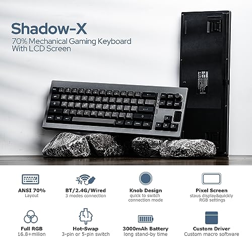 EPOMAKER Shadow-X Gasket Mechanical Keyboard, Hot-Swap 2.4ghz/Bluetooth/USB-C Wired Wireless Gaming Keyboard with Screen, 3000mAh Battery, Poron Foam (Black, Bluebird Switch)