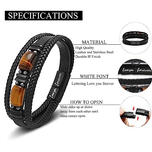JoycuFF Bracelet for Son from Mom Dad Leather Bracelet Layered Birthday Graduation Gifts for Son I Love You Forever Engraved Braied Birthday Cuff Bangle Wrap Jewelry