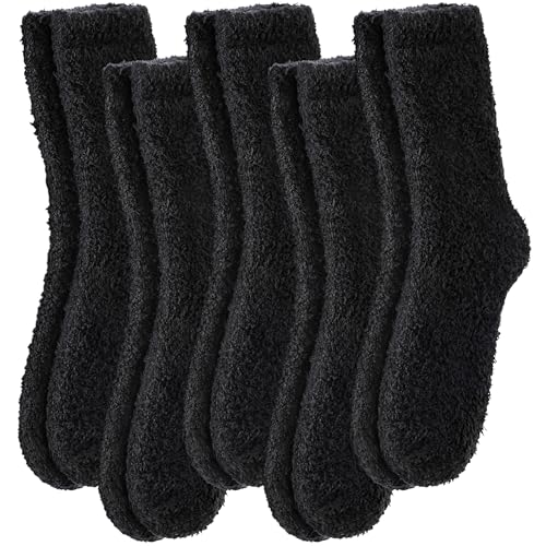 FNOVCO Womens Fuzzy Socks Super Soft Fluffy Winter Warm Cozy Home Sleeping Socks (5 Pairs Black)