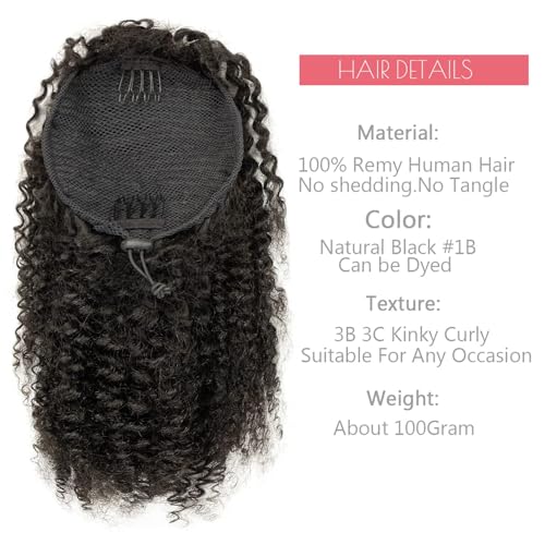 Loxxy Kinky Straight Ponytail Extensions Real Remy Human Hair For Black Women Natural Black Wrap Around Clip in Hairpieces Kinky Yaki Pony Tails Natural Black #1B 20Inch 100g