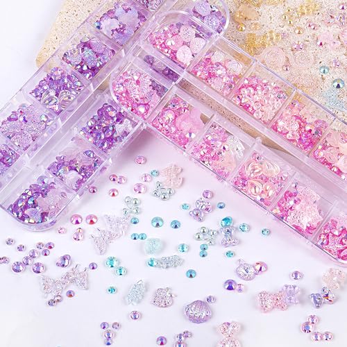 2 Boxes Variety Assorted White Nail Rhinestones Charms Acrylic White Heart Bow Animal Fruit Shapes 3D Cute Nail Charms for Manicure DIY Crafts Accessories