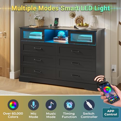 Hasuit 6 Drawer Dresser with LED Lights and Charging Station, Farmhouse Chest of Drawers Closet Organizer, Clothes Storage Cabinet Double Dressers for Bedroom, Living Room, Hallway, Black