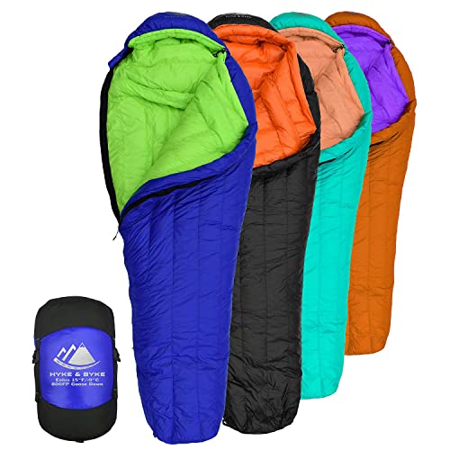 Hyke & Byke Eolus 15 F Hiking & Backpacking Sleeping Bag - 3 Season, 800FP Goose Down Sleeping Bag - Ultralight - Black/Clementine - 78in - Regular