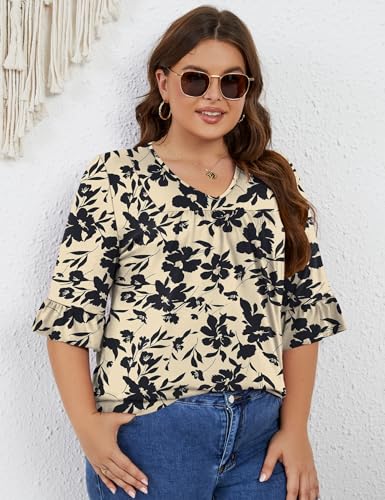 Micoson Womens Dressy Tops Plus Size Casual 3/4 Sleeves Loose Tunic Tops V Neck Pleated Front Plain Work Blouses Shirt, Green XL