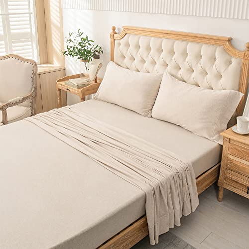 PURE ERA Jersey Knit 4pc Bed Sheet Set 100% T-Shirt Heather Cotton Super Soft Comfy Breathable Fits Mattress Up to 20" Extra Deep Pocket (Heather Navy Blue, Queen)