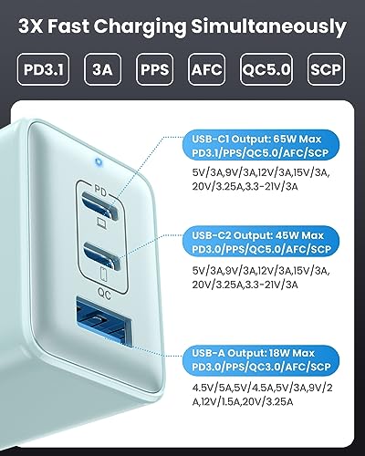 USB C Charger 128W Wall Charger,(GaN III) 3 Port Fast Charging Station,65W Foldable Wall Charger Adapter for MacBook Pro/Air,HP,ThinkPad,Dell XPS,iPhone 15/14/13,Pro,iPad Pro/Air,Galaxy S23(Blue)