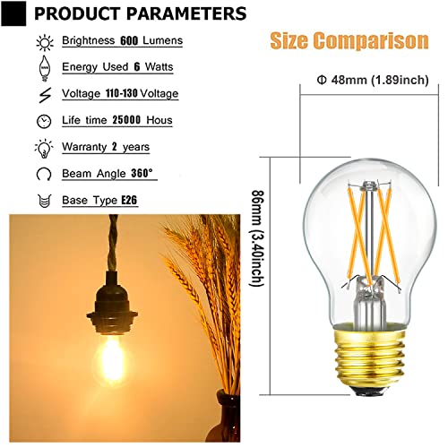 Leools Dimmable E26 led Bulb 6W Equal 60 watt Vintage LED Edison Bulb AC120V 2700K A15 LED Bulb for Ceiling Fan Light Bulbs,Appliance Bulb and Refrigerator Light Bulb 600LM Clear Medium 6Pack
