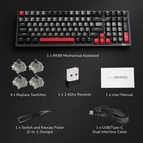 RK ROYAL KLUDGE RK98 Wireless Mechanical Keyboard,100 Keys Triple Mode 2.4G/BT5.1/USB-C, Hot Swappable Gaming Keyboard with Numpad RGB Backlit 3750mAh Battery NKRO, Linear Speed Silver Switch, Black