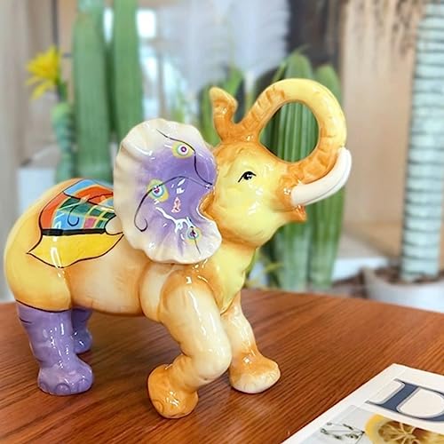 FORLONG Ceramic Collectible Figurines Statue,3D Hand-Painted Rural Scenery Elephant with Trunk Raised statue Decoration(Large)