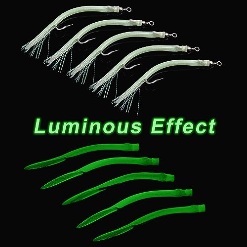 8 Packs Rubber Bass Tube Lures Cod Rig Teaser with Stainless Steel Hook Barrel Swivels Class Striped Bass Tube Lure Trolling Bass Cod Fishing EEL Hook Green 7/0