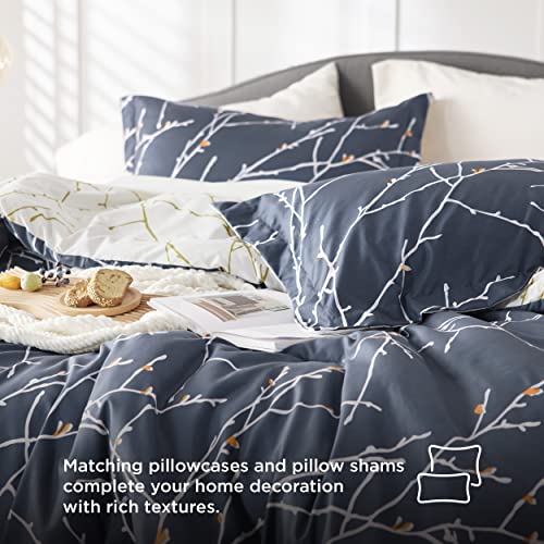 Bedsure Twin Comforter Sets - Bed in a Bag Full 7 Pieces Reversible Navy Blue Flroal Bed Set Tree Branch Pattern Printed with Comforters, Sheets, Pillowcase & Sham