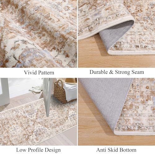 U'Artlines 2' x 6' Boho Hallway Runner Rug, Non Slip Washable Vintage Farmhouse Accent Area Rug Carpet for Kitchen Entryway Laundry and Living Room (Beige Khaki)