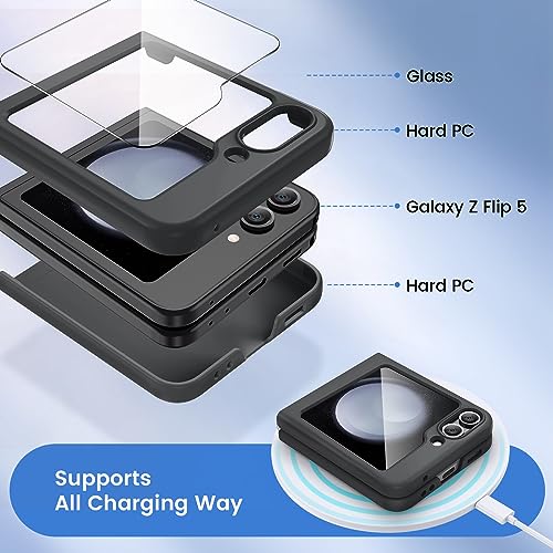 Ruky for Samsung Galaxy Z Flip 5 Case, Full Body Cover Hard PC Ultra-Thin Anti-Scratches Shockproof, Support Wireless Charging Protective Phone Case for Samsung Galaxy Z Flip 5, Black