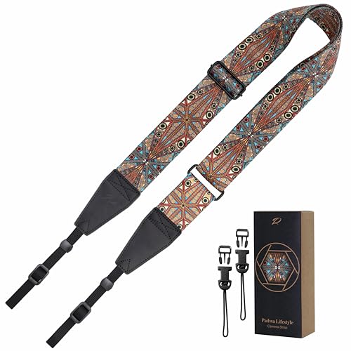 Padwa Lifestyle Adjustable Stripes Camera Strap - 2" Wide Top Layer Cowhide Head Camera Straps for Photographers, Adjustable Soft Cotton Rope Weave Neck & Crossbody Strap Quick Release for All Cameras