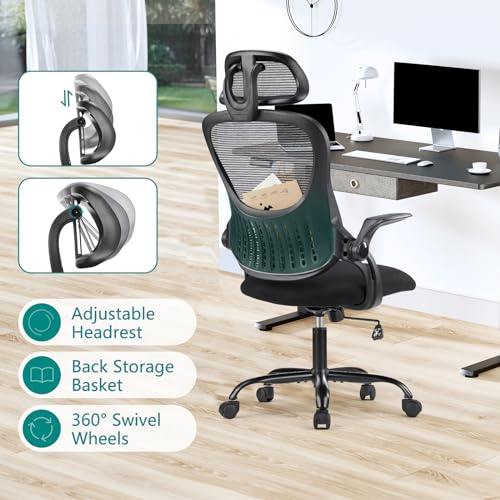 SMUG Office Desk Computer Chair, Ergonomic High Back Comfy Swivel Gaming Home Mesh Chairs with Wheels, Lumbar Support, Adjustable Headrest,Comfortable Pillow,Soft Arms,120°tilt for Bedroom,Study,Black