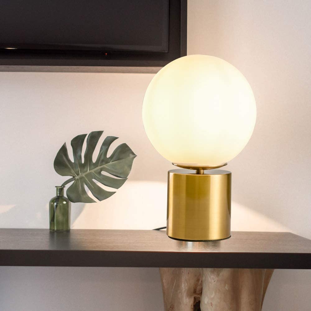 SOTTAE 11 Inch Modern Gold Globe Table Desk Lamp,Vintage Mid Century Round Table Lamp with White Glass Shade Metal Base for Bedroom Bedside Lamp Living Room End Table