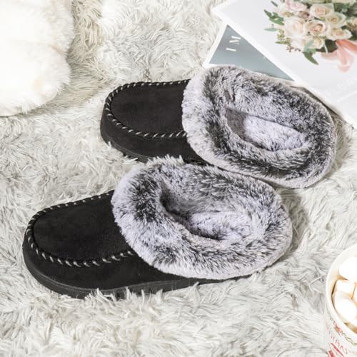 ULTRAIDEAS Women's Memory Foam House Slippers with Hard Bottom, Fur Lined House Shoes with Non-Slip Rubber Sole for Indoor & Outdoor (Black, 5-6)