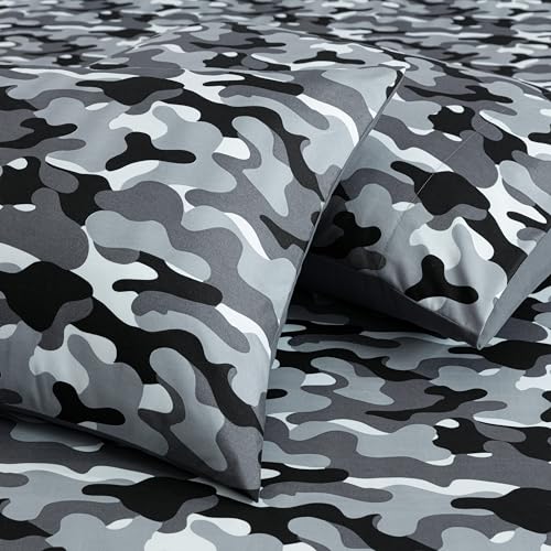 Chezmoi Collection Military Camo 3-Piece Sheet Set - Camouflage Black Gray Printed Microfiber Soft Breathable Deep Pocket Sheets and Pillowcases Set, Twin Size