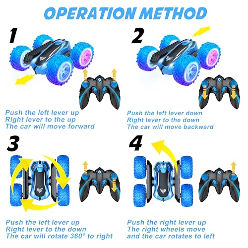 KKONES Remote Control car,2.4GHz Electric Race Stunt Car,Double Sided 360° Rolling Rotating Rotation, LED Headlights RC 4WD High Speed Off Road for 3 4 5 6 7 8-12 Year Old Boy Toys (Blue)