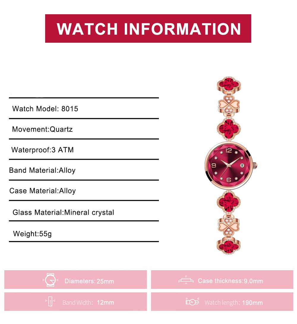 BESTKANG Women's Bracelet Watch Women Luxury Dress Ladies Stainless Steel Luminous Waterproof Date Wrist Watches (Red)