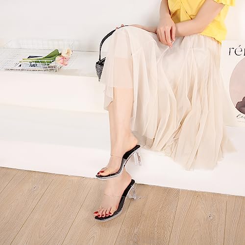 NBUUNBU Chunky Heels for Women Clear Platform Heels Sexy Block High Heels Sandals Square Toe Open Toe Transparent Strap Comfortable Dress Shoes Slip on Mules
