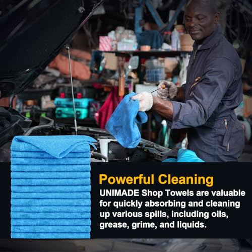 UNIMADE Shop Towels Rags, 50 Pack Reusable Shop Rags Bulk Microfiber Cleaning Cloth Lint Free Cleaning Towels for Car Kitchen Automotive Bar Mechanic Restaurant Garage, 11.5"x 11.5", Blue
