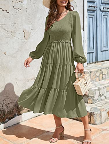 MEROKEETY Women's Long Ballon Sleeve V Neck Dress Smocked Casual Solid Ruffle Flowy Swing Dresses,Wine,M