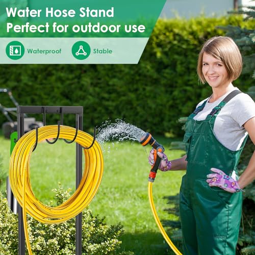 TomCare Garden Hose Holder Water Hose Holder with 4 Spikes Freestanding Garden Hose Stand Hose Storage Sturdy Hose Hanger Hose Reel Heavy Duty 6 Hooks Hose Organizer Holder for Outside, Black