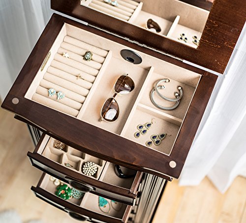 Hives and Honey Holly Organizer Storage 7 Drawers Bronze Shaker Hardware Jewelry Armoire, 40" X 18" X 12", Walnut