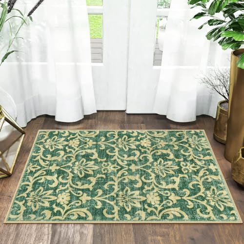 Morebes Vintage 2x3 Throw Rugs with Rubber Backing Washable,Floral Entryway Rug Non Slip, Front Door Rug Non Shedding Distressed Kitchen Mat Indoor Entrance Floor for Bedroom, Green