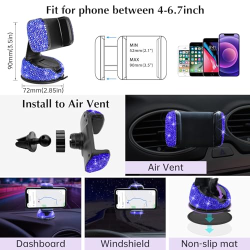 ARTILAURA 19 Pack Bling Car Accessories for Women Steering Wheel Seat Belt Gear Shift Cover Phone Holder Cup Coasters Cute AUTO Accessories Kit (Blue)