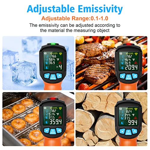 MESTEK Infrared Thermometer Temperature Gun, -58℉~1472℉, Non-Contact Digital Laser Thermometetr Gun with K-Probe for Cooking Grill Pizza Oven, IR Thermometer Temp Gun with Adjustable Emissivity