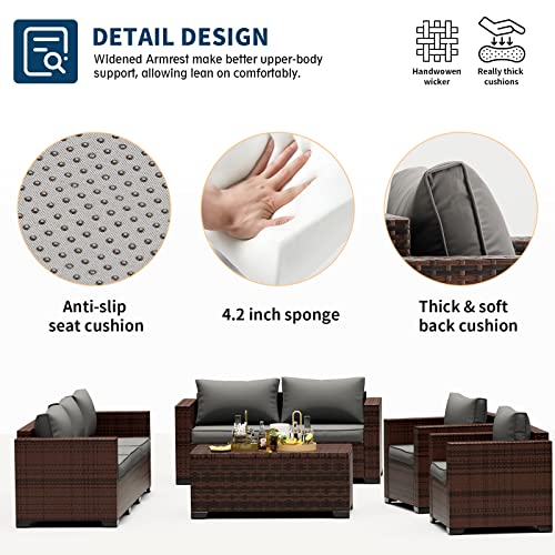 UDPATIO Patio Furniture Set with 44" Fire Pit Table, 7 Pieces Outdoor Furniture Sets, Wicker Rattan Patio Conversation Sets with Ottoman and Waterproof Covers for Porch Deck Backyard, Khaki