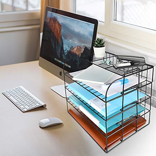 Spacrea Letter Tray, 4 Tier Desk Organizers and Accessories, Stackable Paper Tray Organizer Desk File Organizer with 1 Upper Display Shelf for School Home Office Supplies (Black)