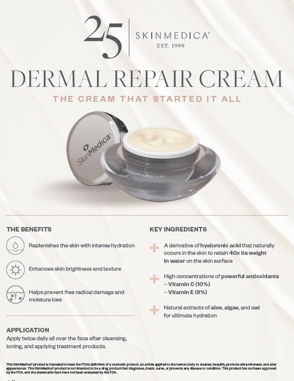 SkinMedica Dermal Repair Cream - Hydrating, Ultra Rich Face Moisturizer for Women. Infused with High Levels of Antioxidants including Vitamin C+Vitamin E to Help Prevent Free Radical Damage, 1.7 Oz