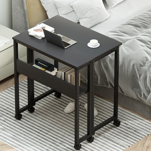 GreenForest Folding Desk Small Foldable Table with Storage Shelf,24.8 inch Rolling Computer Desk with Wheels Space Saving for Bedroom Home Office,Easy Assembly,Black