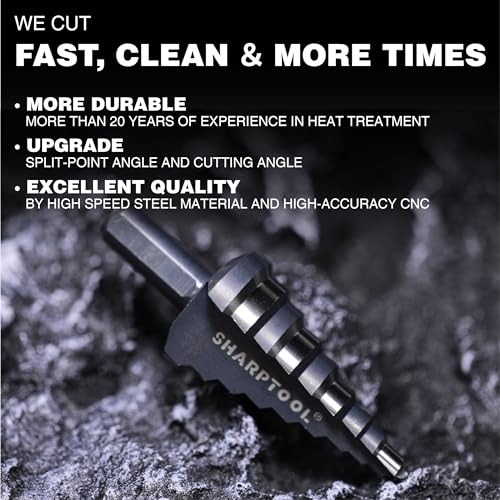 SHARPTOOL 1/4 to 1-1/8 Inches HSS Step Drill Bit, Unibit for Cutting Stainless Steel, Metal, Wood & Plastic