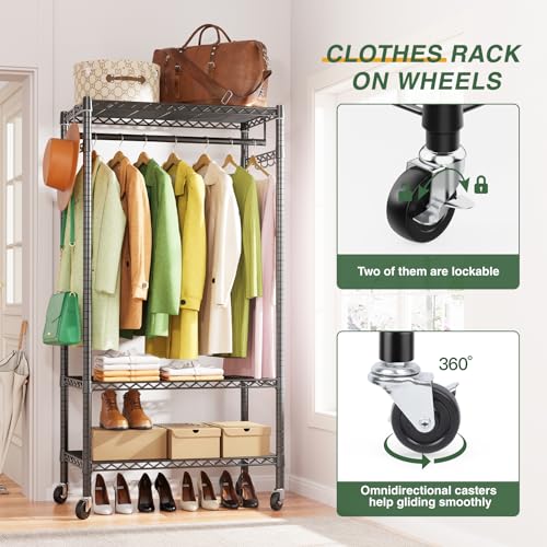 LEHOM G1L 3 Tiers Garment Rack with Storage Shelves, Heavy Duty Rolling Free-Standing Clothing Rack Closet Organizer with Double Rods/Lockable Wheels & 2 Pairs Side Hooks, Max Load 450 LBS, Black