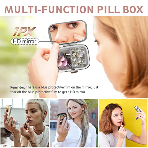 Cute Small Pill case for Pockets & Purses,Elegant Pill Box Makes a Great Gift,3 Compartment Travel Medicine Organizer Stores Progesterone,Capsule Pills, Ibuprofen, Vitamins-Sliver Blue Flower