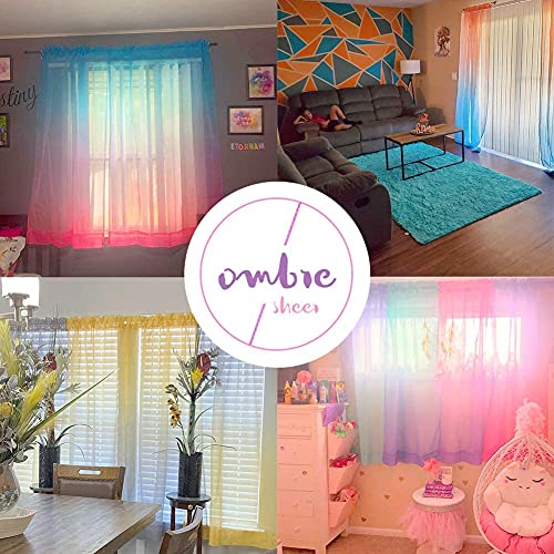 Yancorp Sheer Curtain Semi Bedroom Curtains 63 inches Length Linen Blue Beige Ombre Curtains Rod Pocket Drapes Girls Living Room Mermaid Bedroom Nursery Kids Window Decor, 1 Panel(Blue Beige,52"x63")